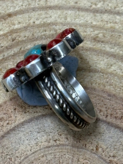 Devin Brown Navajo Handmade Sterling Silver Coral/Turquoise Adjustable Ring - Size 7.5 - 9