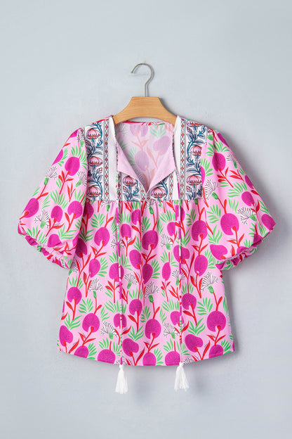 Jade Patchwork Tassel Tie Blouse