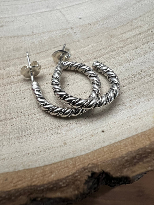 Elaine Tahe Navajo Sterling Silver Hoop Earrings — 5/8" × 1/8" (Listing #2)