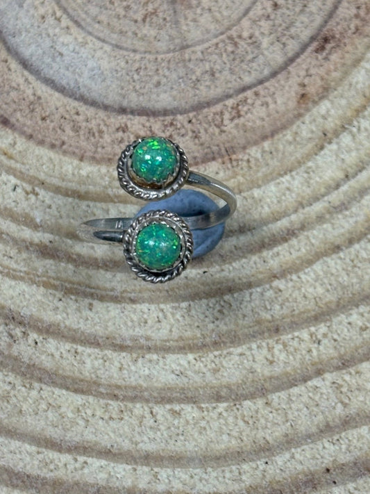 Esther White Navajo Sterling Silver Green Opalite Adjustable Ring
