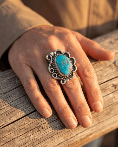 Hand-Stamped Sterling Silver Turquoise Cabochon Ring — Hallmark RJ, Size 7 (Vintage Native American)