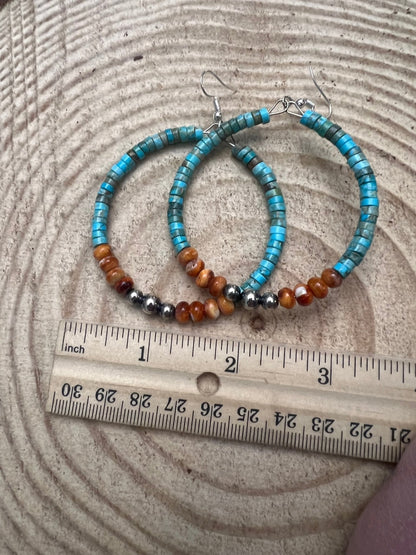 Variscite Turquoise & Spiny Oyster 2.25” Hoop Earrings with Sterling Silver