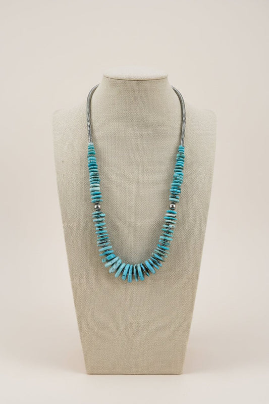 Light Blue Turquoise Graduated Necklace with Sterling Silver Pearls & Hematite – 23 inch