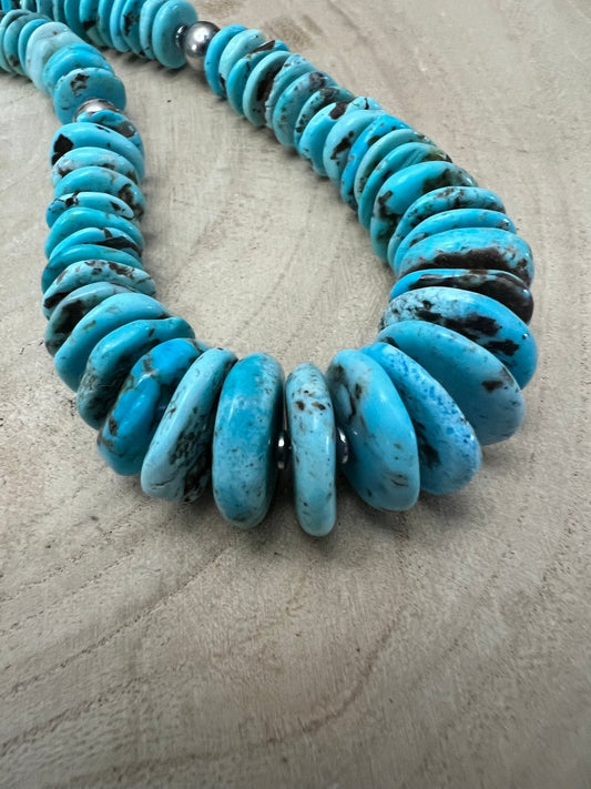 Light Blue Turquoise Graduated Necklace with Sterling Silver Pearls & Hematite – 23 inch