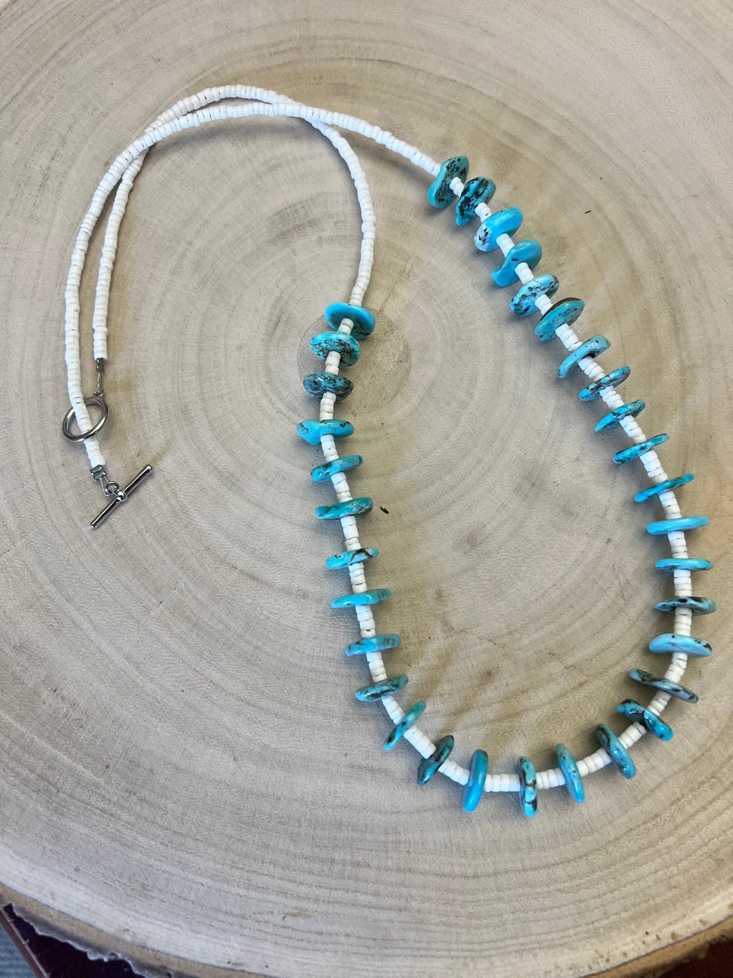 Long Blue Disk Turquoise Necklace - 26 inch