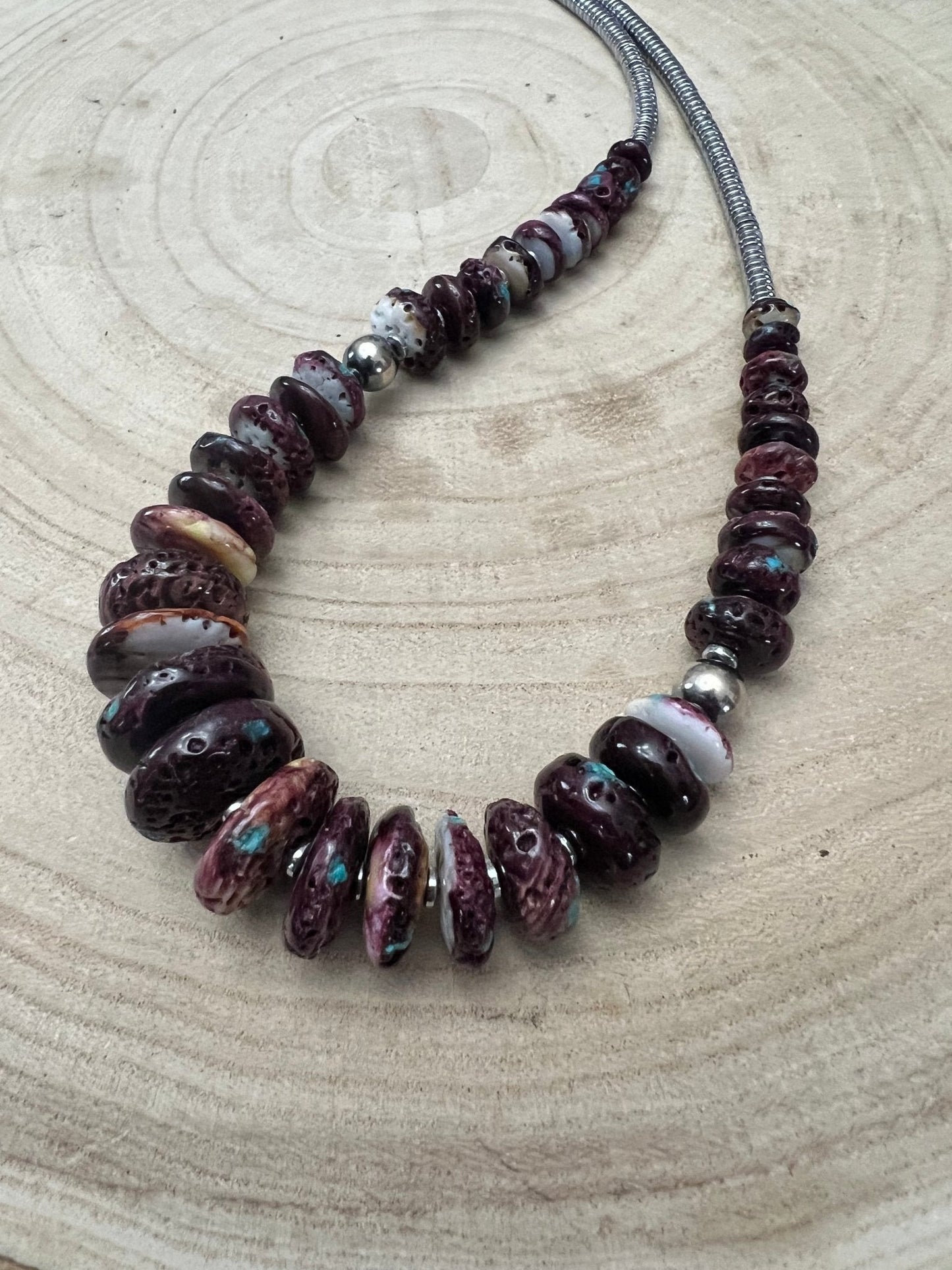 Purple spiny oyster and turquoise graduated & shell necklace - 23 inch