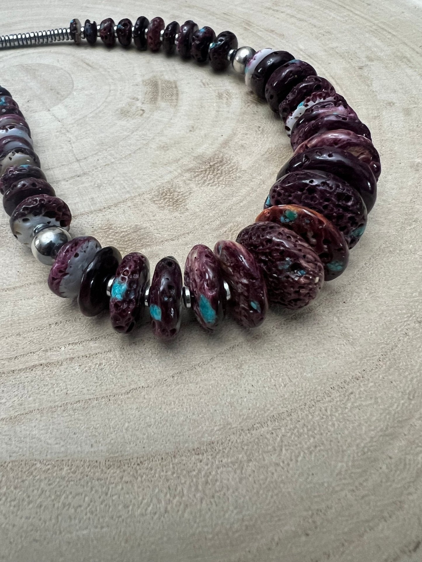 Purple spiny oyster and turquoise graduated & shell necklace - 23 inch