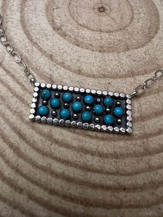 Kenny Lonjose Native American Sterling Silver Turquoise Bar Pendant Necklace — 18"