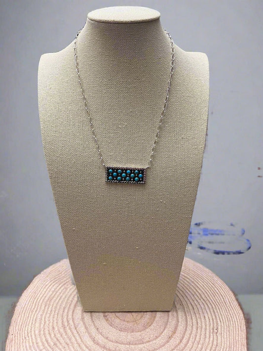 Kenny Lonjose Native American Sterling Silver Turquoise Bar Pendant Necklace — 18"