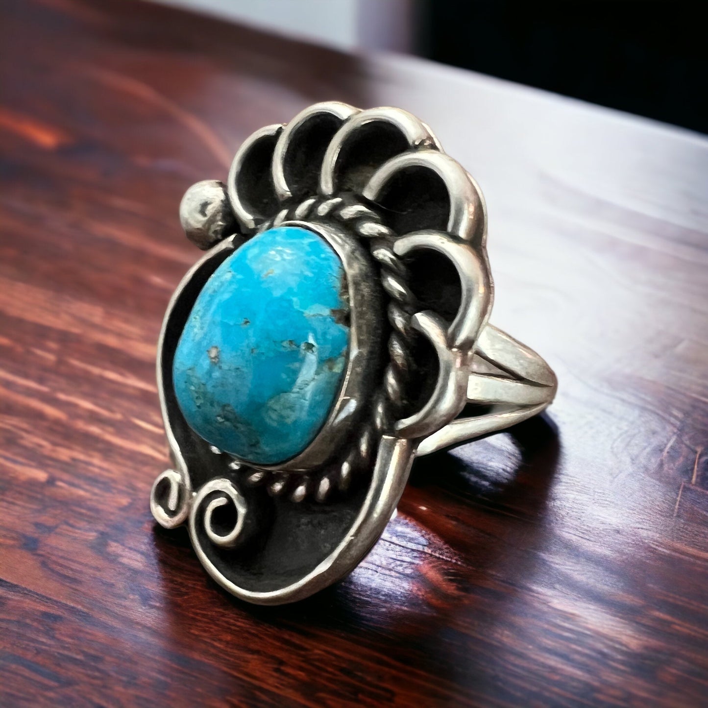 Large Turquoise Cabochon Sterling Silver Shadow Box Ring — Size 6 (Clearance)