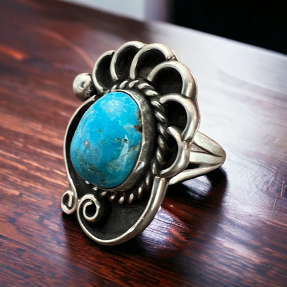Large Turquoise Cabochon Sterling Silver Shadow Box Ring — Size 6 (Clearance)