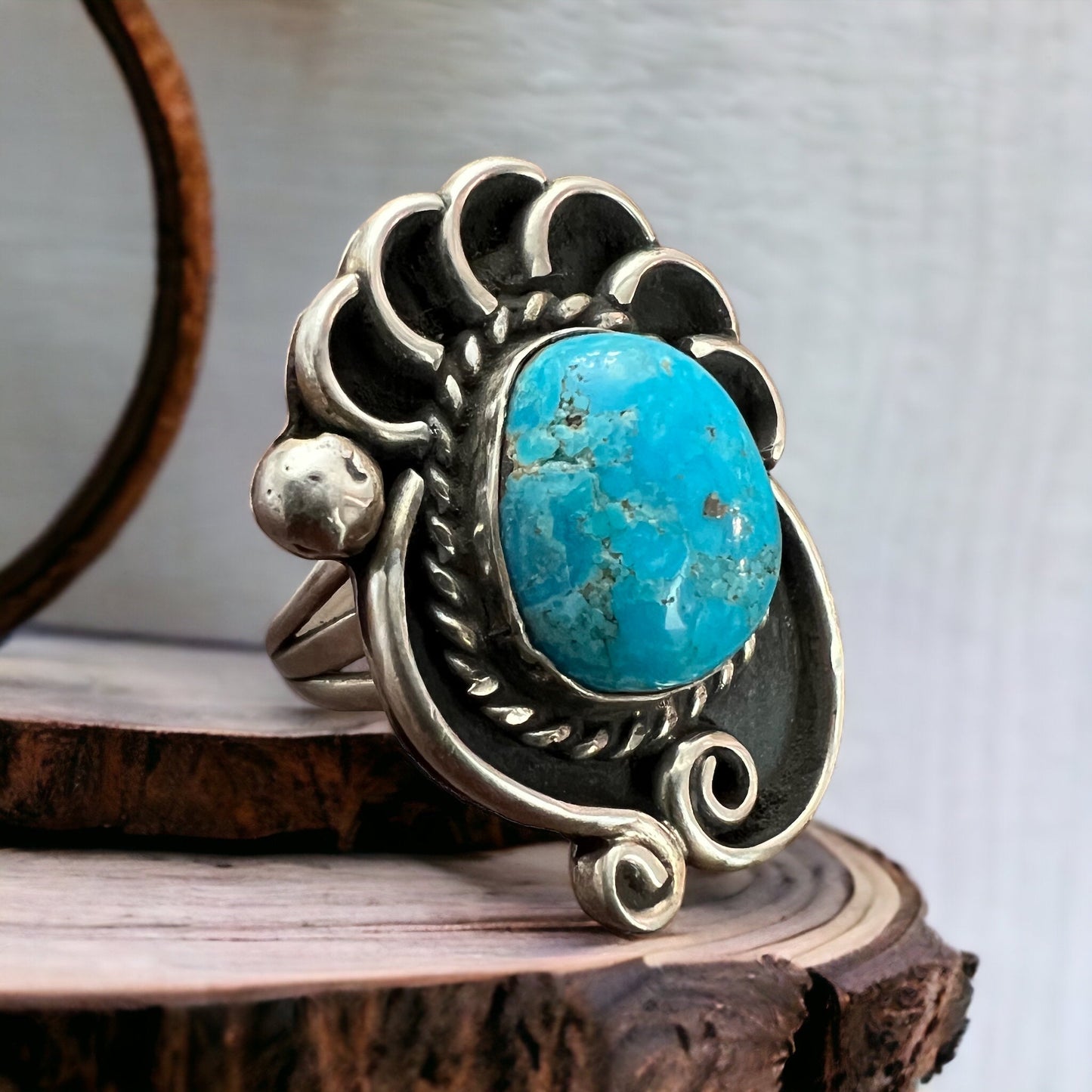Large Turquoise Cabochon Sterling Silver Shadow Box Ring — Size 6 (Clearance)
