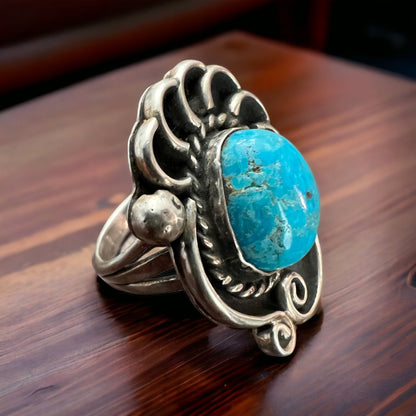 Large Turquoise Cabochon Sterling Silver Shadow Box Ring — Size 6 (Clearance)