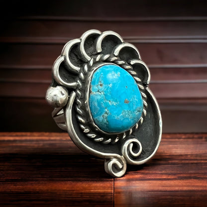 Large Turquoise Cabochon Sterling Silver Shadow Box Ring — Size 6 (Clearance)