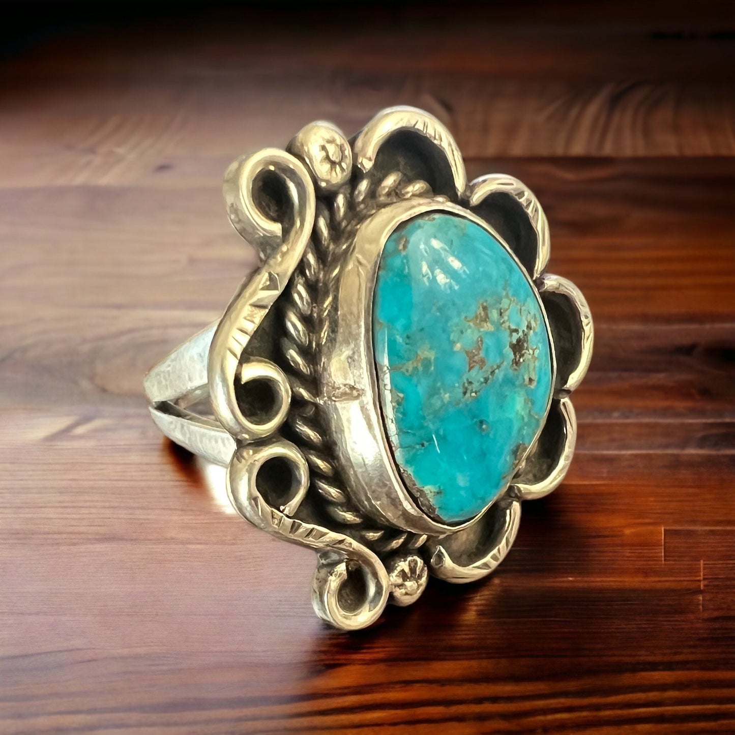 Hand-Stamped Sterling Silver Turquoise Cabochon Ring — Hallmark RJ, Size 7 (Vintage Native American)