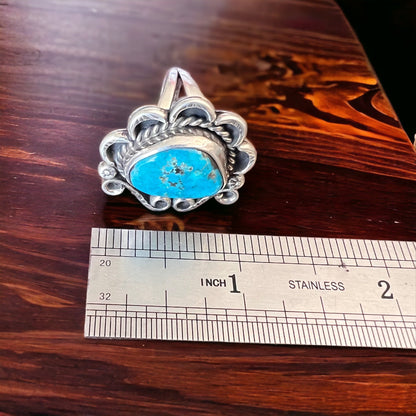 Hand-Stamped Sterling Silver Turquoise Cabochon Ring — Hallmark RJ, Size 7 (Vintage Native American)