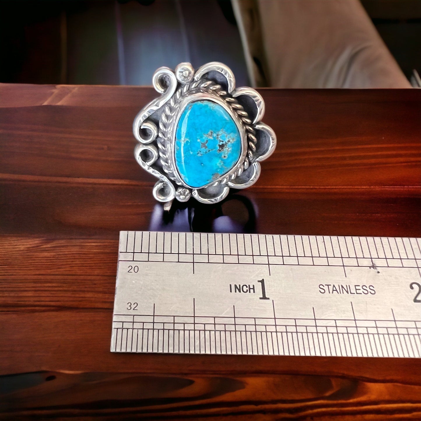 Hand-Stamped Sterling Silver Turquoise Cabochon Ring — Hallmark RJ, Size 7 (Vintage Native American)