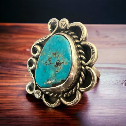 Hand-Stamped Sterling Silver Turquoise Cabochon Ring — Hallmark RJ, Size 7 (Vintage Native American)