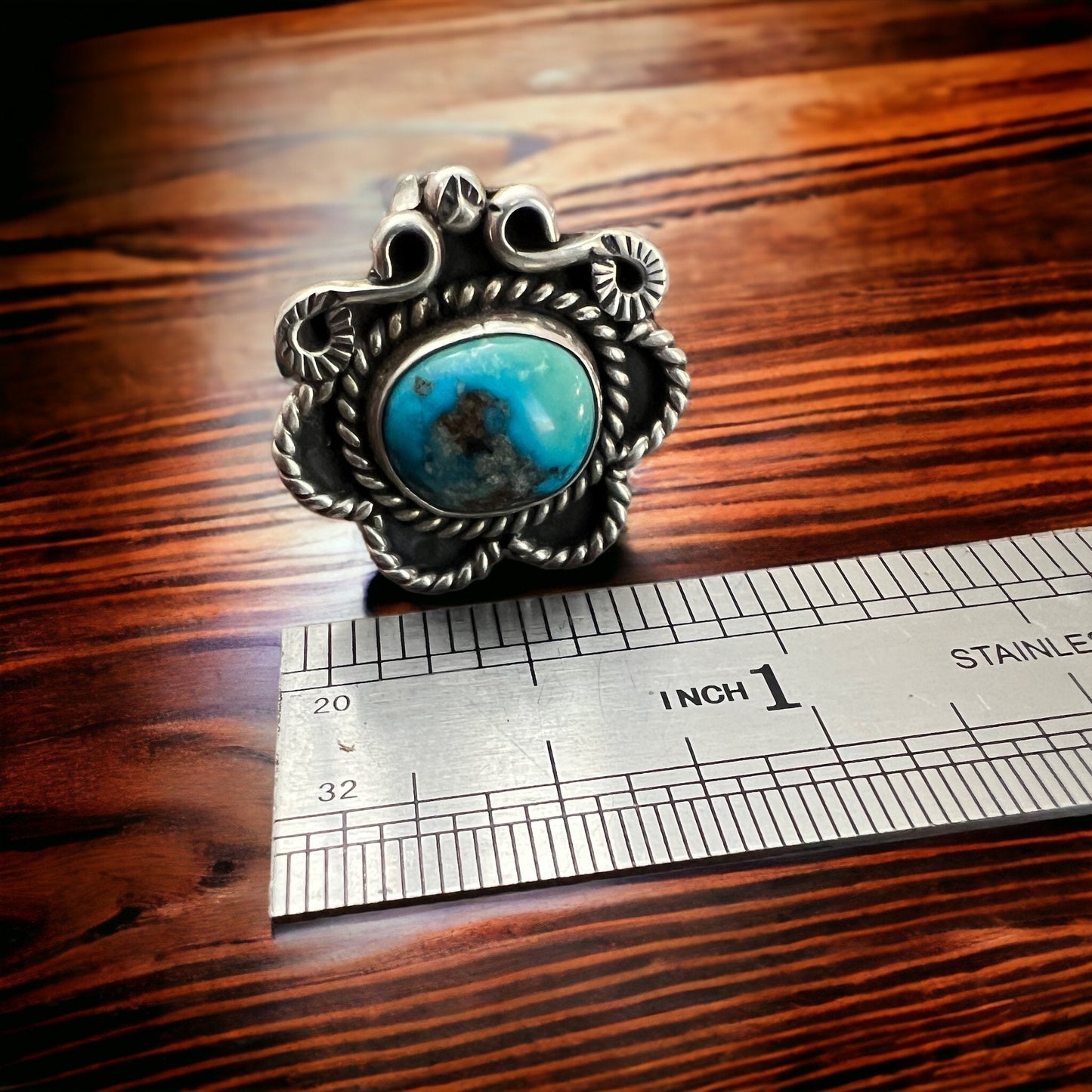 Hand-Stamped Sterling Silver Turquoise Ring — Size 5 (Native-Style)