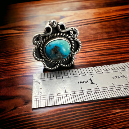 Hand-Stamped Sterling Silver Turquoise Ring — Size 5 (Native-Style)