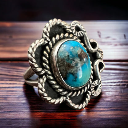 Hand-Stamped Sterling Silver Turquoise Ring — Size 5 (Native-Style)