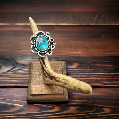 Hand-Stamped Sterling Silver Turquoise Ring — Size 5 (Native-Style)