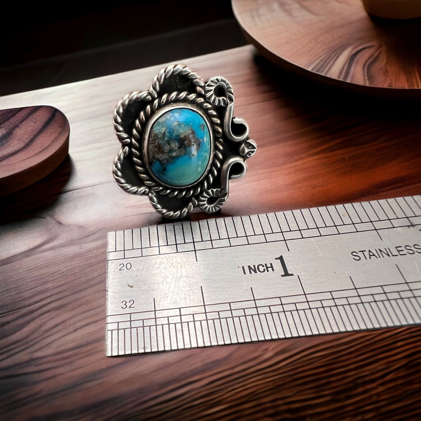 Hand-Stamped Sterling Silver Turquoise Ring — Size 5 (Native-Style)