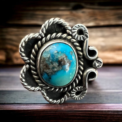 Hand-Stamped Sterling Silver Turquoise Ring — Size 5 (Native-Style)